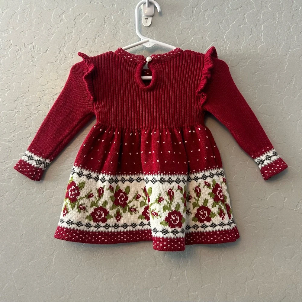 Max Studio baby red floral sweater dress, tight and hat matching set size 0-3 mo